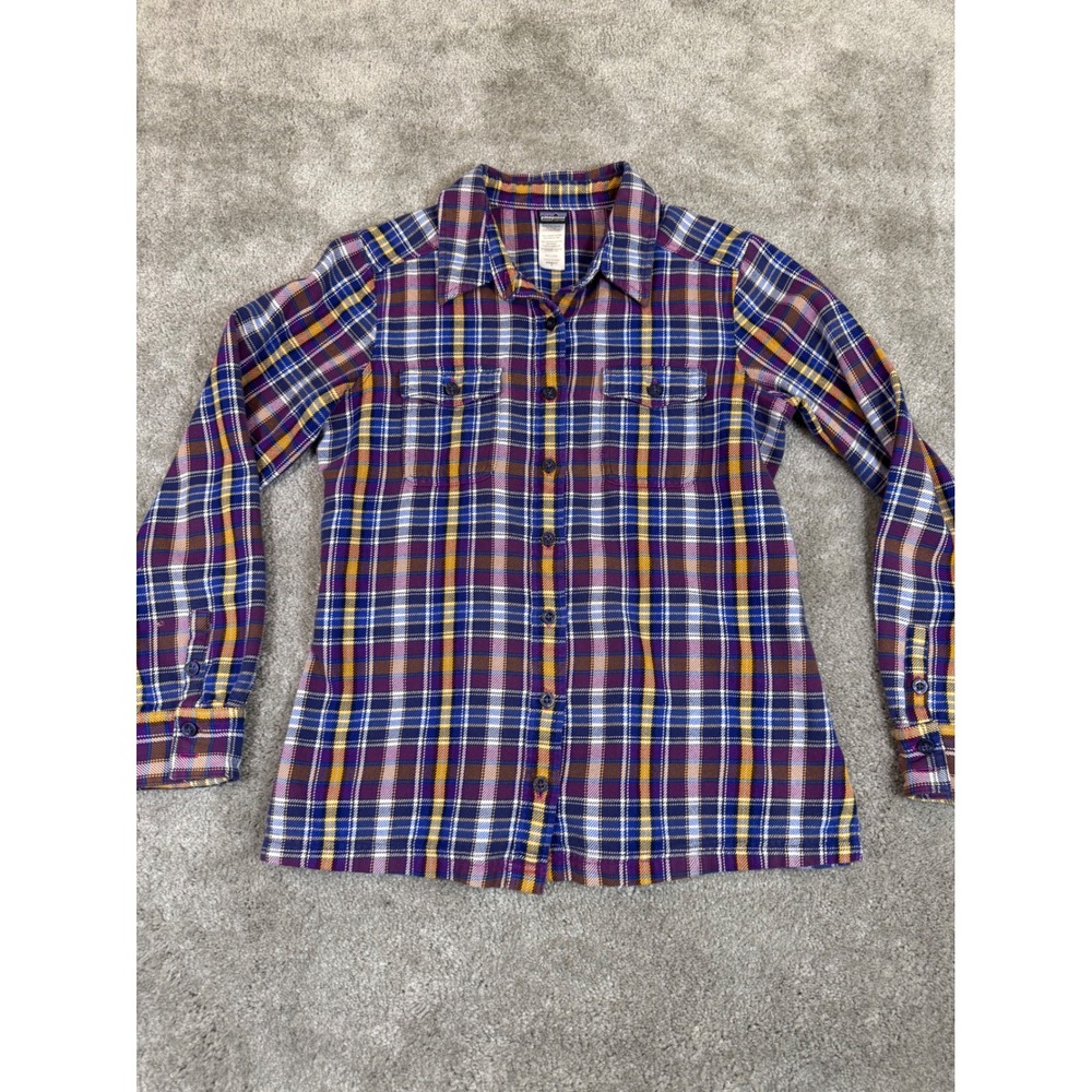 Patagonia Womens Organic Cotton Plaid Flannel Button Up Shirt Purple Blue Size 6